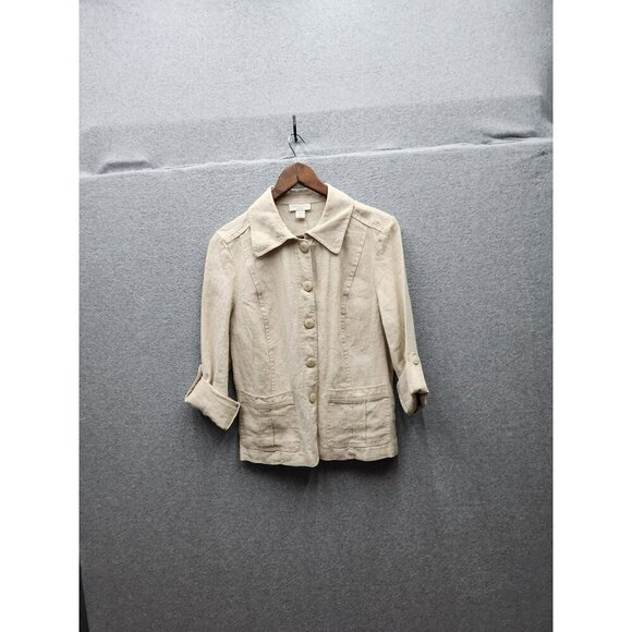 Charter Club Petite Beige Linen Button-Up Jacket With Roll-Tab Sleeves P/M - Picture 1 of 5